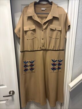 eshakti Tan Shirt Midi Dress with Blue Floral Patch Pockets